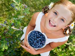 Mächen auf der Wiese hält eine Schüssel mit Blaubeeren