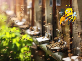 Bienen fliegn in einem Bienenstock, eine Comicbiene am rechten Rand