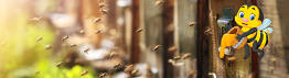 Bienen fliegn in einem Bienenstock, eine Comicbiene am rechten Rand